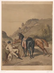 Dos caballos con jinete en reposo en un paisaje
Caballos según Alfred de Dreux (título de la serie)
Motifs équestres d