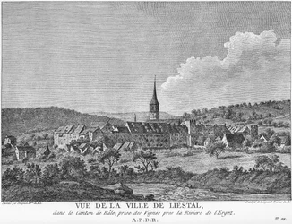 Vista de la ciudad de Liesthal en el cantón de Basilea, tomada desde un viñedo en el río Ergolz