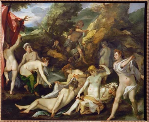 Diana y sus compañeros sorprendidos por Aktaion, que se transforma en un ciervo muerto por sus propios perros (pintura sobre cobre)