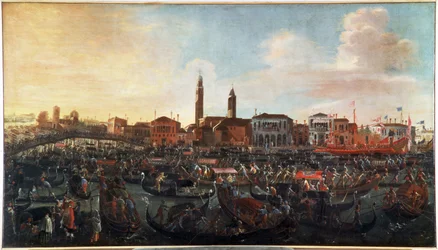 Fiesta del fresco en el día de la ascensión en Murano, Venecia. Abadía de San Cipriano a la derecha y la iglesia de Santo Stefano en el centro, hoy desaparecida. Pintura de Jo