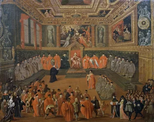Audiencia del Dux en la Sala del Consejo del Palacio Ducal, Venecia, pintura de Joseph Heintz Younger (hacia 1600-1678)