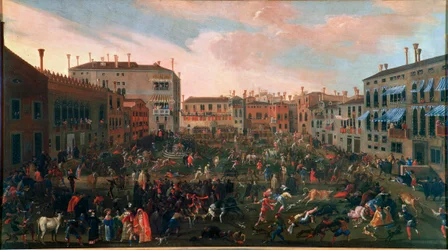La caza de toros en Campo San Polo en Venecia en 1648. La tradicional caza de toros se realizaba en las pequeñas plazas (campi) de Venecia con perros particularmente feroces. Pintura de Joseph Heintz el Joven (1600-1678). Venecia, Museo Correr