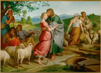 Jacob y Rahel. En el pozo, Jacob conoce a Rahel, la hija menor de Labán.