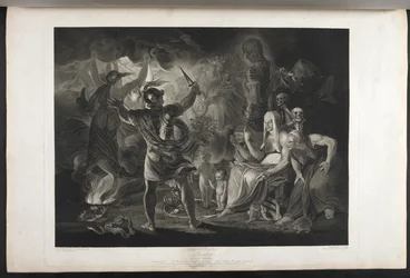 Macbeth.
Acto IV. Escena I.
Una cueva oscura. En el centro un caldero hirviendo. Tres brujas. Macbeth. Hécate.
Macbeth se enfrenta a las brujas y a las apariciones; a sus pies, dentro de una serpiente enroscada, hay un niño pequeño ensangrentado y un ni