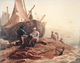 Pescadores reparando sus redes