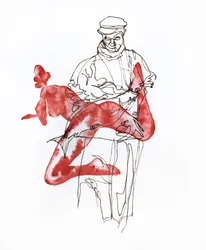 Pescador desnudo de rojo