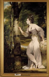 Una mujer de gran elegancia graba un nombre en el tronco de un árbol en una atmósfera romántica. Pintura de Joshua Reynolds (1723-1792). Siglo XVIII. Colección privada