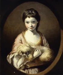Retrato de la Srta. Emilia Vansittart, medio cuerpo, vistiendo un Vestido Rosa y Blanco sosteniendo un Perro, c.1767-68