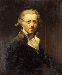 Retrato del artista, medio cuerpo, con un abrigo verde oliva, usando gafas