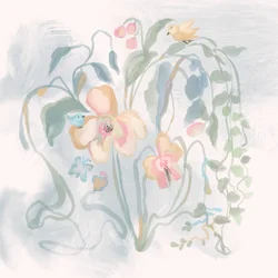 Aves entre flores en tonos pastel