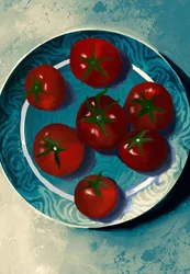Naturaleza muerta con tomates de colores vivos