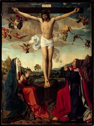 Calvario. Crucifixión con la Virgen María y san Juan al pie de la cruz. Inscripción «INRI» en la cruz. El Maestro de San Sebastián o Josse Lieferinxe (activo de 1493 a 1505)