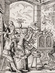 Orfebre, reproducción de un grabado en madera del siglo XVI por Jost Amman