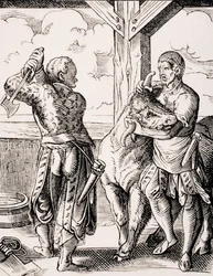 El carnicero y su ayudante, reproducción de un grabado del siglo XVI de Jost Amman (1539-91) extraído de "Le Moyen Age et La Renaissance" de Paul Lacroix (1806-84) publicado en 1847 (litografía).