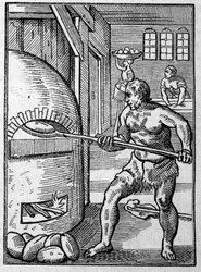 Un panadero horneando pan. Grabado de Jost Amman (1539-1591) siglo XVI