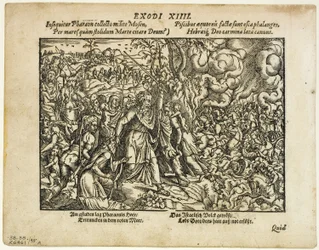 El paso del Mar Rojo (recto) y El entierro de Jacob (verso) de Neuwe Biblische Figuren, placa 48 de Xilografías de libros del siglo XVI