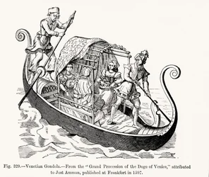 Góndola Veneciana, de la Gran Procesión del Dux de Venecia, ilustración de Ciencia y Literatura en la Edad Media y el Renacimiento, grabado por Paul Lacroix, 1878