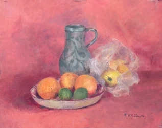 Naturaleza muerta de frutas y jarra