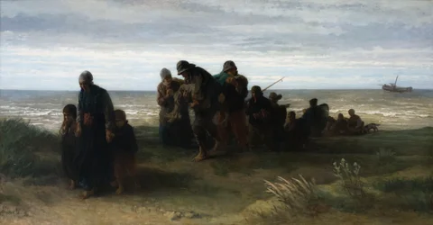 Pescadores cargando a un ahogado, c.1861 (óleo sobre lienzo)