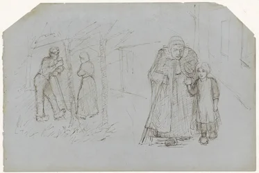 Campesino, campesina y niña con una anciana