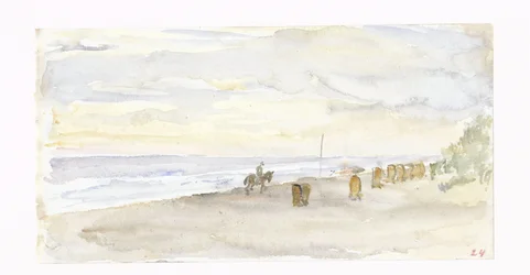 Vista de playa con jinete y sillas de playa