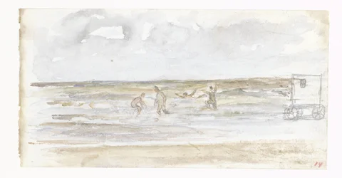 Bañistas en el mar y un autocar de playa