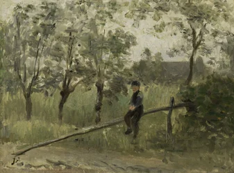 Chico de campo en una barrera de postes