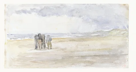 Hombre con caballo y carro en la playa