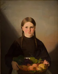 Una niña con una cesta de frutas
