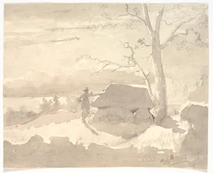 Paisaje a la luz de la luna. Un cazador junto a un dolmen