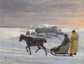 Los pintores Jørgen Roed y Constantin Hansen dan un paseo en trineo.