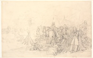 Franceses acampando en el campo de batalla después de una batalla