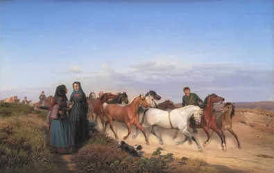 Campesinos de Jutlandia regresando del mercado con sus caballos