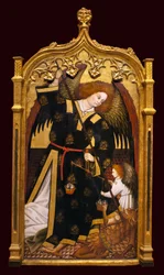 El arcángel San Miguel. Pintura atribuida a Juan Hispalense (siglo XV), óleo y oro sobre madera, hacia 1480. Museo de Bellas Artes de Sevilla, España.