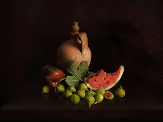 Naturaleza muerta con higos y sandía