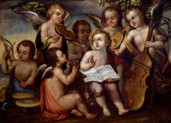 El Niño Jesús con ángeles tocando instrumentos musicales
