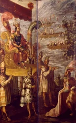 Moctezuma, detalle del encuentro entre Cortés y Moctezuma, biombo atribuido a Juan Correa (1645-1716), óleo sobre lienzo, 250x600 cm