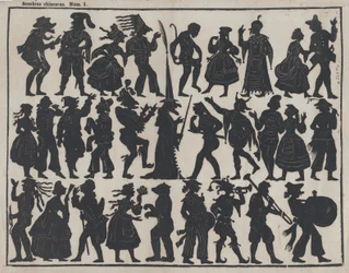 Lámina 1 de figuras para títeres de sombras chinos, ca. 1850-70