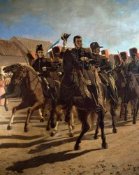 El general José de San Martín (1778-1850) con su estado mayor inspeccionando las tropas en Rancagua, Chile.