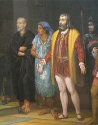 Hernán Cortés, la Malinche y Bartolomé de Las Casas, detalle, pintura de Juan Ortega
