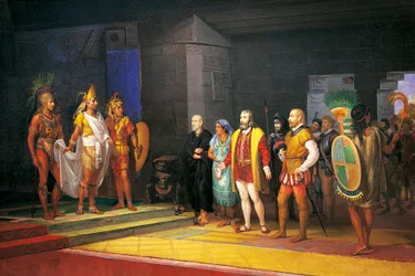 Hernán Cortés se encuentra con Moctezuma en México