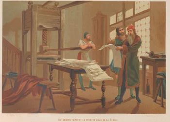 Gutenberg imprime la primera página de la Biblia. De: La ciencia y sus hombres, 1879