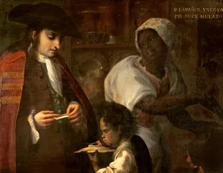 Español y mujer negra producen una mulata, c. 1715