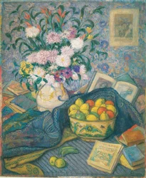 Jarrón con plátanos, limones y libros