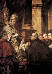 San Ignacio de Loyola recibiendo la Bula de la Orden de los Jesuitas del Papa Pablo III