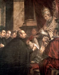 San Ignacio recibiendo la bula de fundación de la compañía de Jesús (jesuitas) de manos del Papa Pablo III