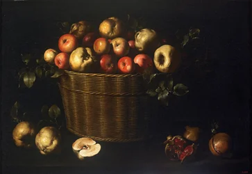 Cesta con manzanas, membrillos y granadas