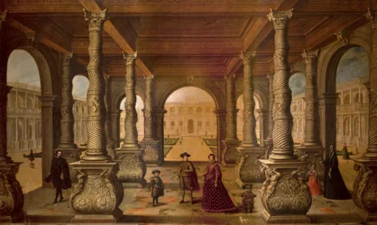 Felipe IV y su reina en una columnata, c.1630 (óleo sobre lienzo)