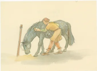 Un mozo medieval cepillando un caballo, 2004