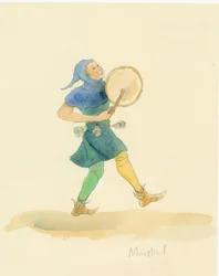 Un juglar medieval tocando un instrumento de percusión, posiblemente un tambor, 2004